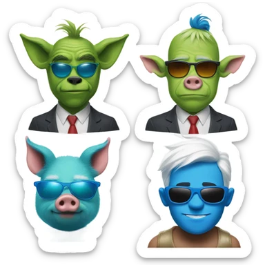 A pig man and a blue grinch with sunglasses sticker