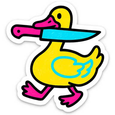 a goose with a knife in its mouth, vibrant pop colors cartoon style sticker