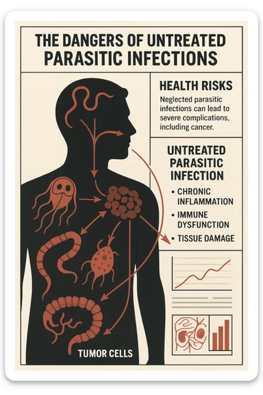 a man’s silhouette is filled with stylized images of parasites and tumor cells, connected by red lines or arrows to show cause and effect. The background features a medical chart or infographic about the dangers of untreated parasitic infections. The overall tone is serious and educational. sticker