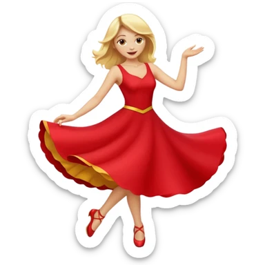 a yellow-blonde woman dancing wearing a red dress, in flat emoji / Apple style, smooth shapes, glossy highlights, bright saturated colors, simple features, minimal details, no outlines, red clothes flowing, joyful pose
 sticker