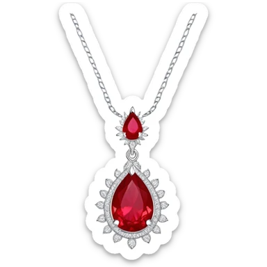 teardrop ruby pendant with fiery light, tiny phoenix feather, haloed by shimmering white stones, silver chain, symbolizing rebirth sticker
