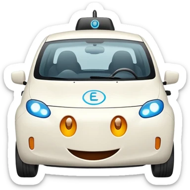 Smiling EV car with circle eyes, EV charger on the right, cheerful emoji style sticker