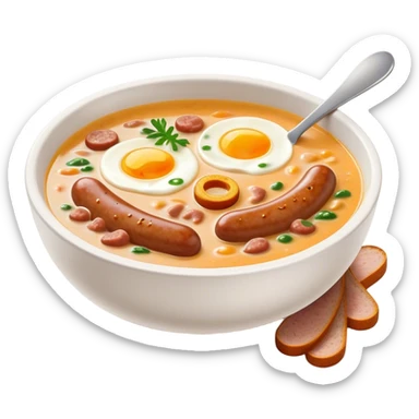 Cinematic Realistic ≈ªurek Soup Dish Emoji, depicted as a tangy, creamy rye soup with sausage and egg rendered with detailed textures and warm, comforting lighting. sticker