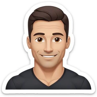 Very fit muscular 40-year-old with youthful looks, light brown skin, elongated face, strong defined jawline, charming confident smile, medium dark eyes, arched eyebrows, straight nose, buff physique, medium wavy dark hair, wearing a slightly tight black button-up shirt sticker