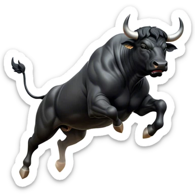​Cinematic Realistic Black Charging Bull, depicted in mid-charge with a powerful, muscular form and glossy black hide glistening under dynamic dramatic lighting, dust and motion captured mid-air to exude raw strength and unbridled energy on an expansive arena, sticker
