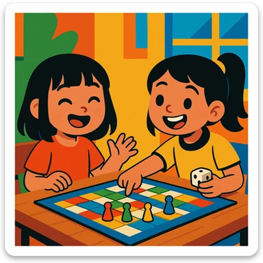 asian girl playing a boardgame with her friend, cheerful, vibrant, cartoon style sticker