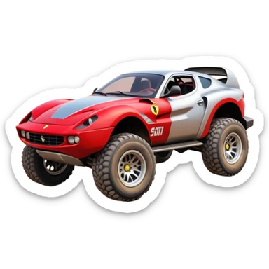 Satan’s and Barbie (post race) Ferrari -colored Dirty and dented Local Motors Rally Fighter off road race car hot rod trophy truck-style basher flying on a dusty road (silver wheels) sticker