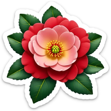 Classic camellia flower with perfectly arranged overlapping red petals, distinctive yellow stamens in center, and serrated glossy dark green leaves sticker