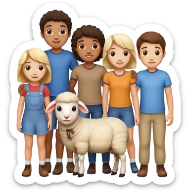 5 persons (3 girls and 2 boys) and a sheep sticker
