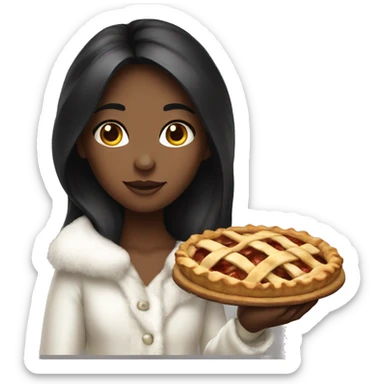 A girl wearing a white fur coat holding an apple pie in her hand with black long hair  sticker