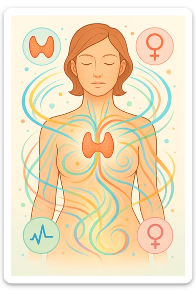 Il corpo è circondato da simboli delicati e bilanciati che rappresentano equilibrio ormonale e metabolico: piccoli cerchi, flussi energetici colorati, simboli stilizzati di tiroide, picco insulina, estrogeni. 4k immagine sticker