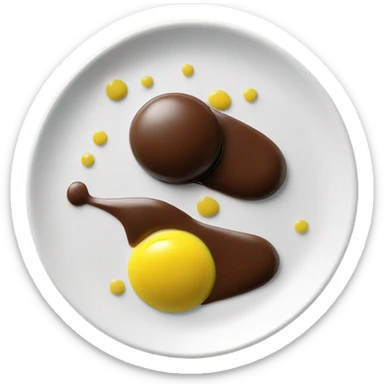 1 Chocolate quenelle and 1 vanilla quenelle on a fine dining glass plate with 3 small drops of yellow sauce as decoration sticker