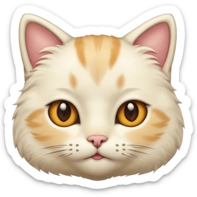 Cream cat face with short hairs, brown eyes and a neck sticker