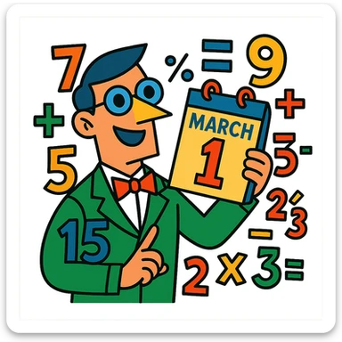 cartoon math guy holding a calendar page for March, surrounded by numbers and equations sticker