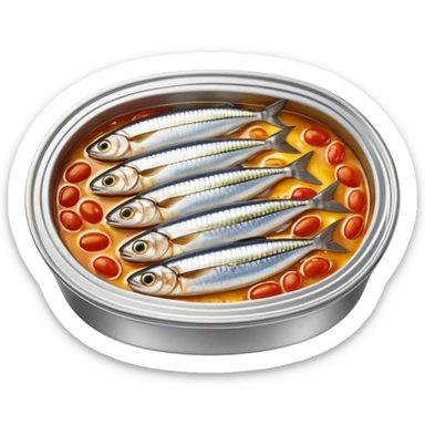 open oval tin showing tightly packed whole sardines in shiny silver skin, slightly overlapping and nestled in golden oil or tomato sauce, clean outlines, glossy preserved texture, no fork, garnish, or label, just the open tin and contents, soft lighting, subtle shadows, emoji scale sticker