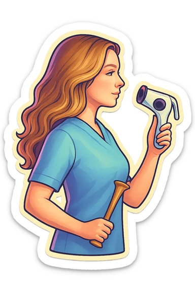 A girl with facial features and light wavy hair as in the reference, wearing a blue medical suit, holding an obstetric stethoscope in one hand, the other hand down, side view, in retro stickers style with thin clean contours, soft rounded shapes, pastel palette, retro sticker aesthetic, detailed shadows and highlights, soft lighting, transparent background. sticker