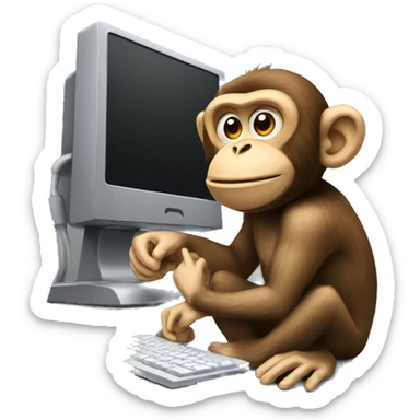 A monkey at a computer. There's a lot of money next to it. sticker