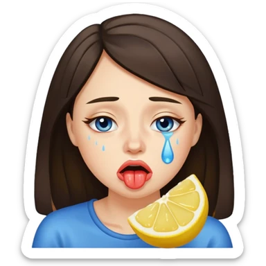 woman crying eating lemon. make tears blue color and brunette sticker