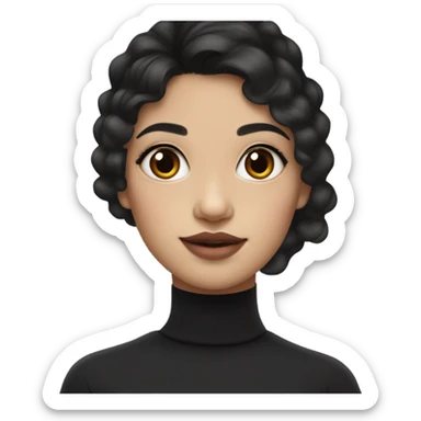 A girl with Asian features, fair skin, brown eyes, a mole, two moles under each eye, slightly curly black hair, wearing a black turtleneck, and full lips. sticker