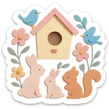 birdhouse with flowers and forest creatures including bunnies, birds, and squirrels, soft pastel colors, transparent background, paper-craft style sticker