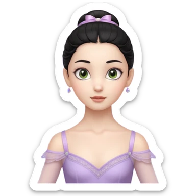 Cinematic Realistic ballerina Light Purple Portrait, depicted with lifelike skin texture, subtle rosy undertones, and soft natural lighting that enhances the gentle contours of her face. Her intricately detailed sweet black hair is elegantly styled, green eyes sticker