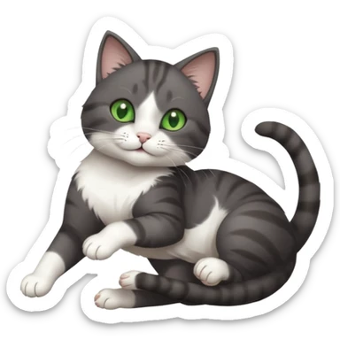 beautiful female solid dark grey cat with green eyes, white toes/paws and white patch on her chest playfully rolling upside down sticker