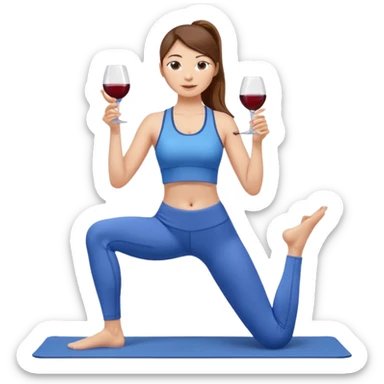 Девушка с каштановыми длинными волосами, собранными в хвост, в синем спортивном топе и синих лосинах занимается йогой с одним бокалом вина  sticker