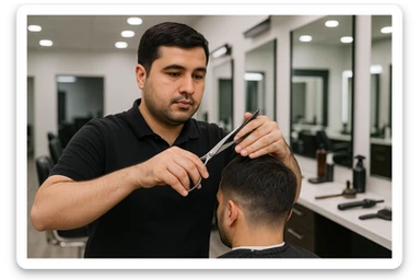 shu odamni sartaroshxonada mijozlarni sochini olayotganin  tasvirlab ber juda yosh ham katta ham bo'lmasin semiz ham bo'lib ketmasin o'smirin davrini yuzi ko'rinmasin sticker