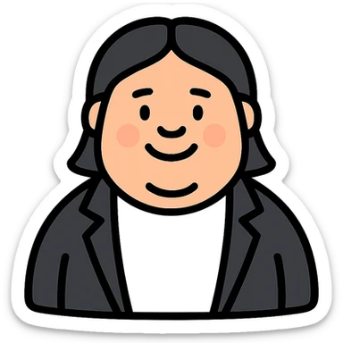 Fat white man, black hair parted in the middle to the shoulders smiling, white shirt and black jacket sticker