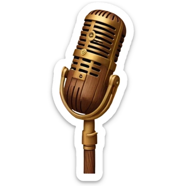 Create a traditional and warm emoji representing folk singing, using a humanless collage. The design should feature a rustic wooden microphone or an old-fashioned folk instrument like a balalaika, gusli, or a domra, placed alongside traditional elements such as a hand-woven scarf or a wooden flute. Include natural, earthy details like wildflowers, musical notes, and rustic textures, evoking the feeling of folk music in its purest form. Use warm, earthy colors like brown, gold, red, and green to create a cozy and organic vibe. The background should be transparent. sticker