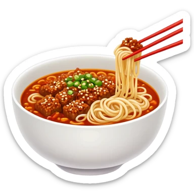 Chengdu Dan Dan Noodles with spicy sauce and minced meat, simplified emoji style with bold outlines and bright colors, cartoon style Sichuan street food in bowl sticker