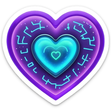 A glowing blue-to-purple neon heart with a small galaxy and green digital hacker code inside. Futuristic, gamer, magical, and powerful. 💚🌌🔥 sticker