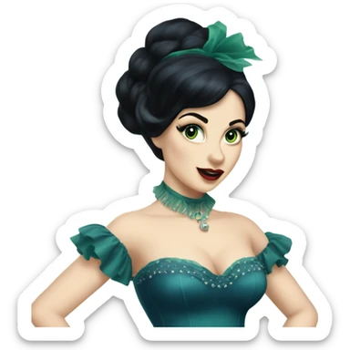 Burlesque dancer with black hair, pale skin, and green eyes in a dark blue vintage costume dancing sticker