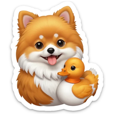 Pomeranian carrying a stuffed white toy duck in his mouth sticker