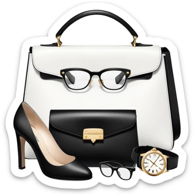 all BLACK AND WHITE 1 bag, and 1 glasses, 1 pair of shoes, and 1 watch rolex, all BLACK AND WHITE, and all luxury items like lv and prada, and rolex, and balenciaga sticker
