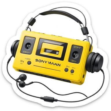 Sony Walkman cassette player from 1990s, yellow and black, with headphones sticker
