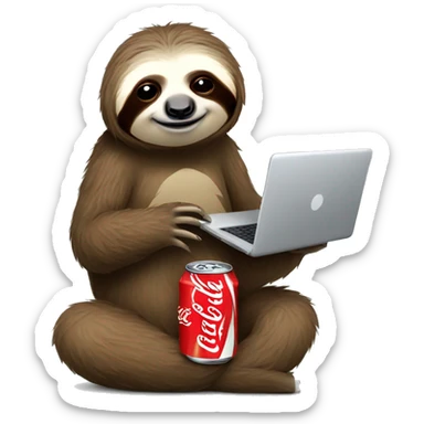 tired sloth with coca cola can and laptop sticker