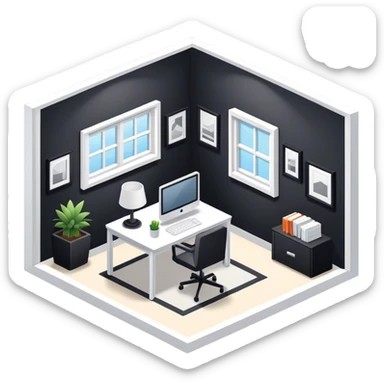 An isometric 3D room with two walls that meet at the back left and right and a Window. Black and White Home Office sticker