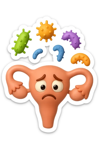 EMOJI STILE IPHONE 3D DI UTERO 3D CON ESPRESSIONE TRISTE  IN VOLTO MENTRE SOPRA LUI FLUTTUANO BATTERI, FAGLI ANCHE LA PARTE BIANCA DEGLI OCCHI, NON SOLO LA PUPILLA sticker