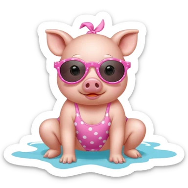 cute pig wearing  star-shaped sunglasses and polka dot bathing suit on all fours with nail polish sticker