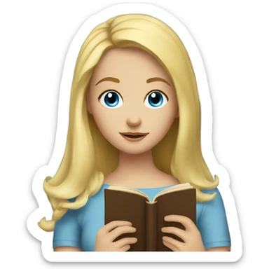 A blonde girl with blue eyes is reading a book sticker