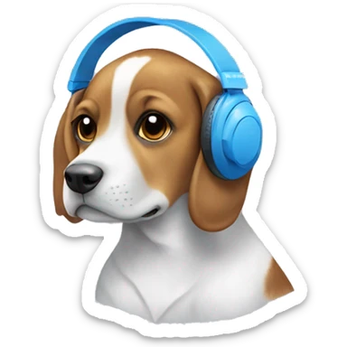 A beagle dog in blue Sony headphones with white bows sticker