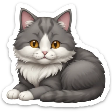 dark grey and white small cat with his eyes closed, leaning his head on his paw while leaning on his elbow lying down sticker