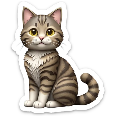 cinematic-[grey brown tabby cat]-realistic-full-body-sitting-emoji,-tail-curled-playfully-around-its-paws,-head-tilted-dramatically,-scruffy-[grey]-fur,-simplified-yet-realistic-focused-features,-highly-detailed,-glowing-with-an-almost-sarcastic-glow sticker