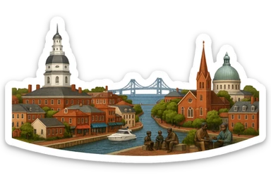 cinematic realistic emoji of Annapolis panoramic cityscape with Maryland State House, Naval Academy Chapel, Ego Alley, St. Anne's Church, Kunta Kinte-Alex Haley Memorial, Chesapeake Bay Bridge in the distance, lifelike detail, accurate colors, bright daylight, no sky, no clouds, transparent background sticker