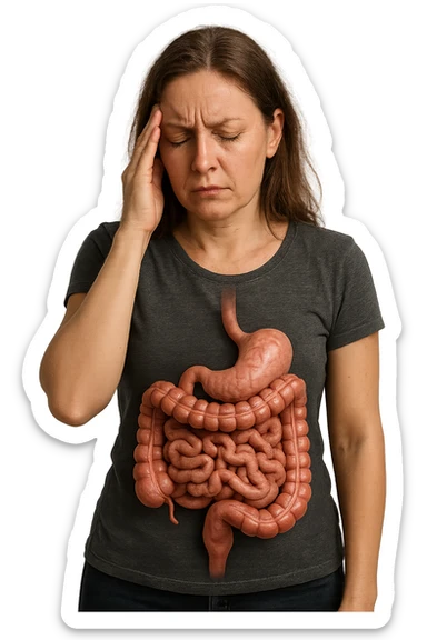 donna stanca che si tiene una mano sulla tempia con intestino umano anatomico visibile, iperrealistico 4k sticker