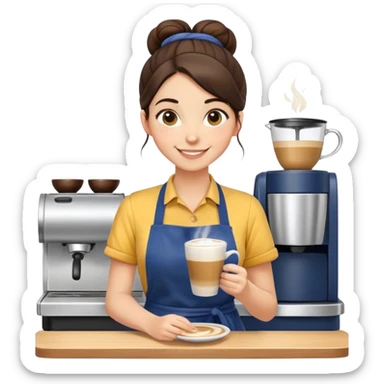 Cute brunette barista girl with hair in a bun wearing yellow shirt and dark blue apron, she's relaxed and making latte art, smiling at the coffee cup sticker