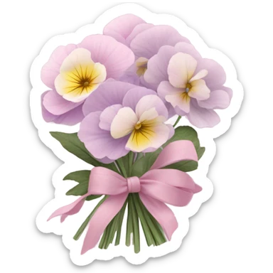 A bundle of pastel pansies and peonies wrapped in translucent pink fabric with a delicate bow. sticker