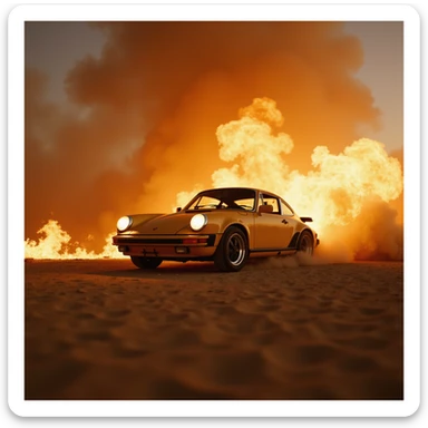 Cinematic shot, Porsche 911 in fire, desert sticker