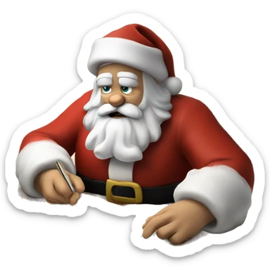 European Santa Claus is sitting on a desk, writing something down on a sheet of paper, solving complicated math puzzles sticker